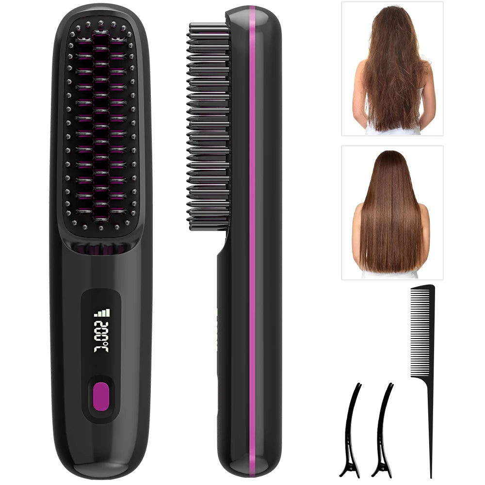 Cordless Rechargeable Hair Straightener Brush, Negative Ions Hair Straightener Comb with 3 Temp Settings, Fast Heating & Display